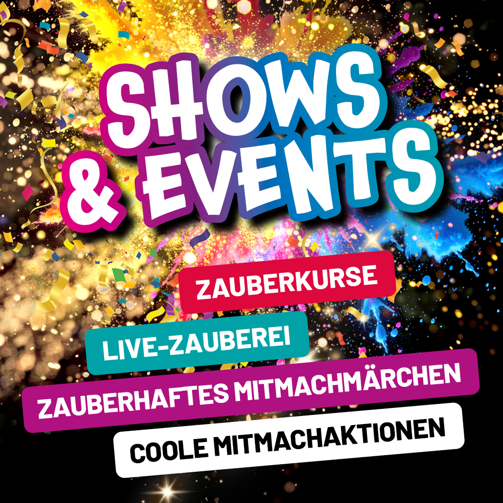 Bunte Grafik für Shows und Events mit Zauberkursen, Livezauberei und Mitmachaktionen für Kinder