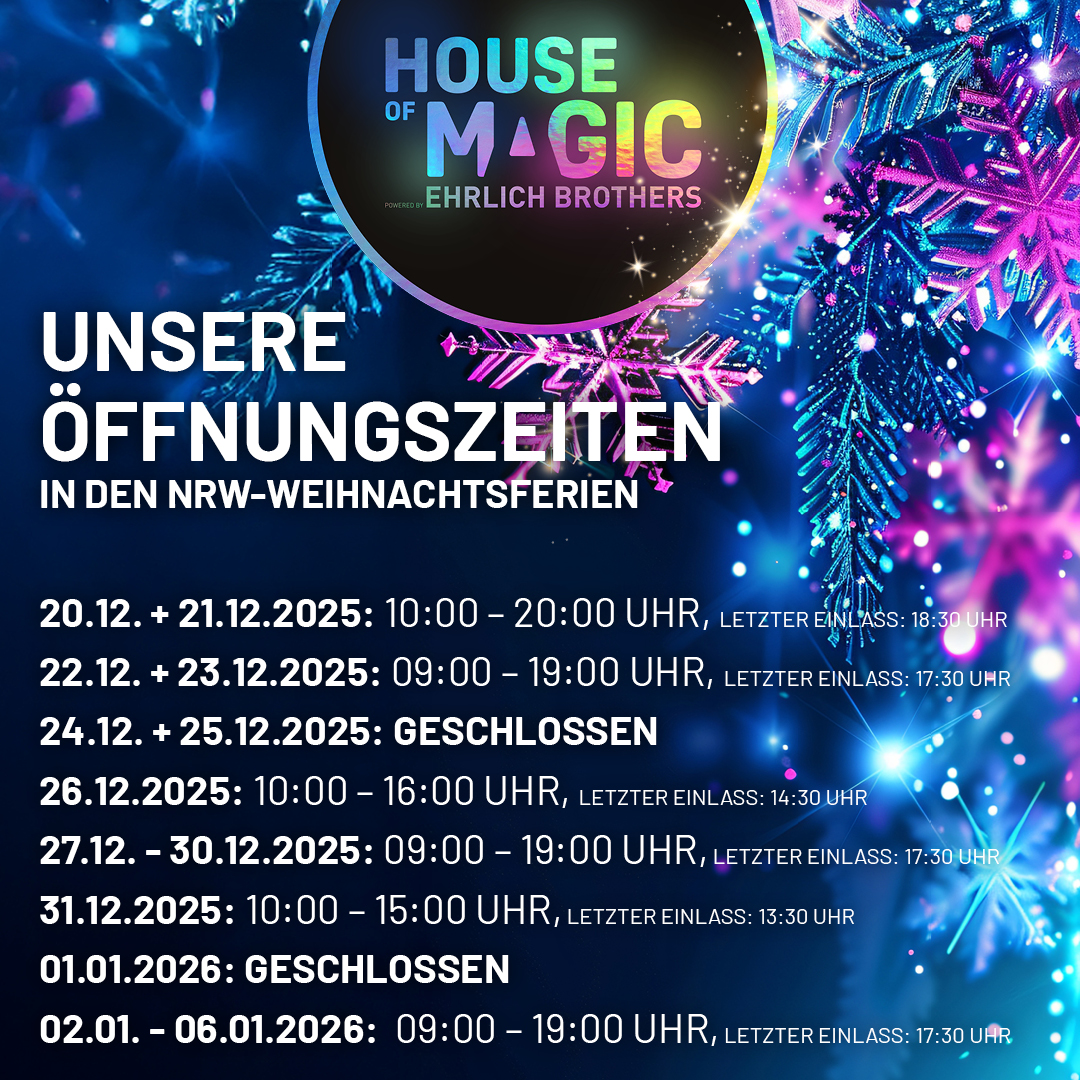 Öffnungszeiten Weihnachtsferien 25/26 22.12. + 23.12.25: 09:00 – 19:00 Uhr (letzter Einlass: 17:30 Uhr) 24.12. + 25.12.25 GESCHLOSSEN 26.12.25: 10:00 – 16:00 Uhr (letzter Einlass: 14:30 Uhr) 27.12. – 30.12.25: 09:00 Uhr – 19:00 Uhr (letzter Einlass: 17:30 Uhr) 31.12.25: 10:00 Uhr – 15:00 Uhr (letzter Einlass: 13:30 Uhr) 01.01.26 GESCHLOSSEN 02.01. – 06.01.26: 09:00 – 19:00 Uhr (letzter Einlass‘: 17:30 Uhr)